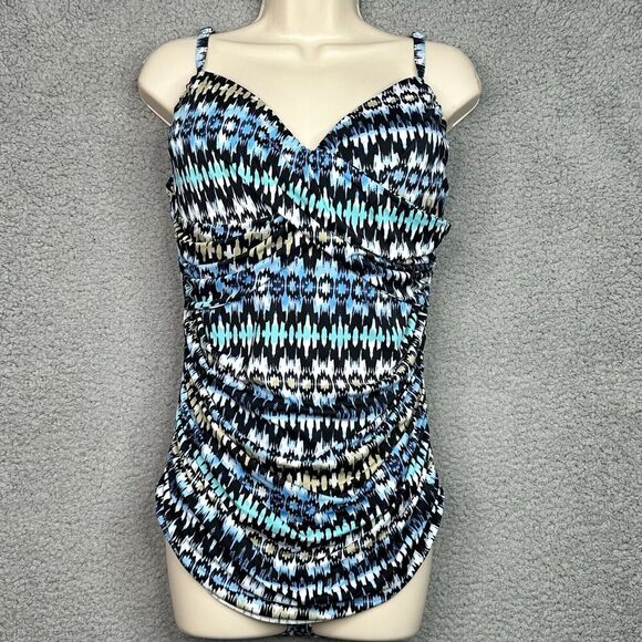 Fit 4U Swimsuit One Piece Sz 16 Blue Abstract Print Ruching Sweetheart Neckline - Picture 2 of 15